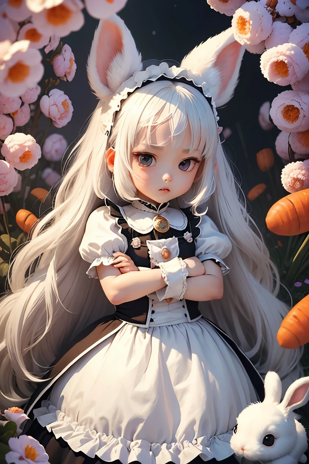 masterpiece、high quality、high resolution、High resolution、genuine、3D、two girls、sisters、white hair、(white rabbit&animal ears)、fluffy ears、small ears、rabbit girl、fluffy fur、Carrot、maid、anger vein、narrow your eyes、tight mouth、arms folded、black aura