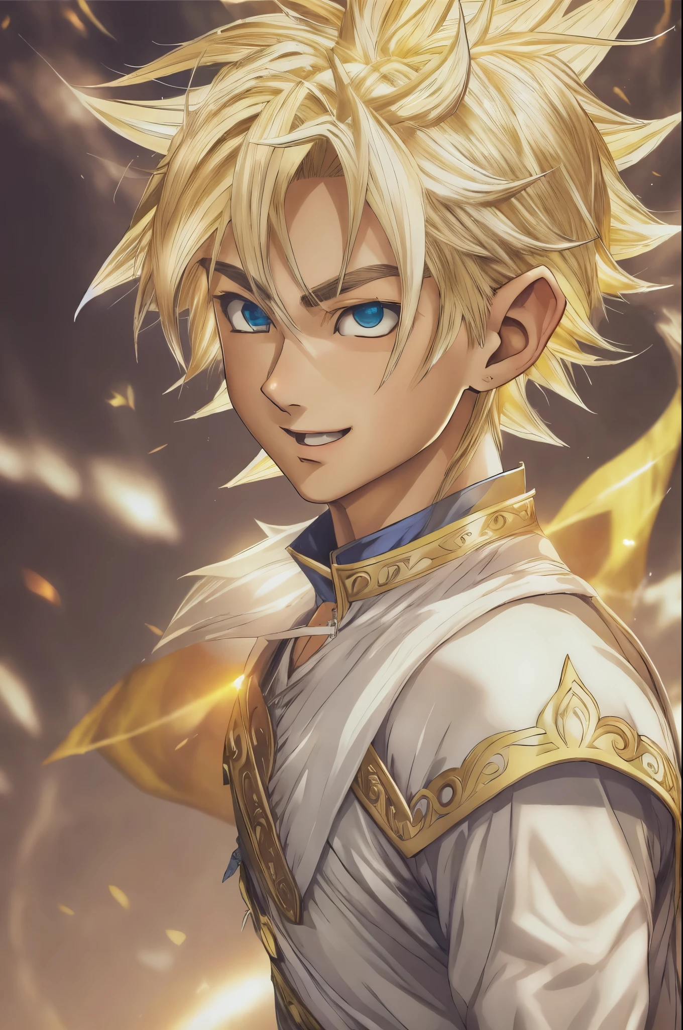(master piece), 8k, best quality, elf boy, naive, male, teenager, 14 years old, 1.70 meters tall, white skin, thin body, pointed elf ears, beautiful finely detailed silver eyes, high forehead, spiky yellow blonde hair like Gohan from the anime dragon ball (super sayajin), incredibly handsome, conservative elven outfit, smiling, excited