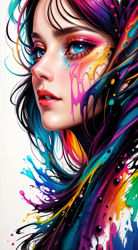 uma mulher com tinta colorida no rosto e no cabelo, gotejamento com cor, arte colorida bonita!, lindo arte digital, Pintura de A...