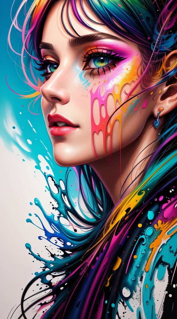 uma mulher com tinta colorida no rosto e no cabelo, gotejamento com cor, arte colorida bonita!, lindo arte digital, Pintura de Arte, Bela arte UHD 4K, retrato abstrato, arte colorida, linda arte digital linda, Arte de Alessandro Pautasso, rosto submerso em óleos coloridos, pintura colorida, Belo retrato fluido acrílico, tinta colorida, arte digital impressionante, arte colorida