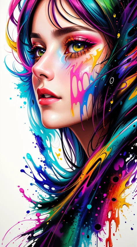 uma mulher com tinta colorida no rosto e no cabelo, gotejamento com cor, arte colorida bonita!, lindo arte digital, Pintura de A...