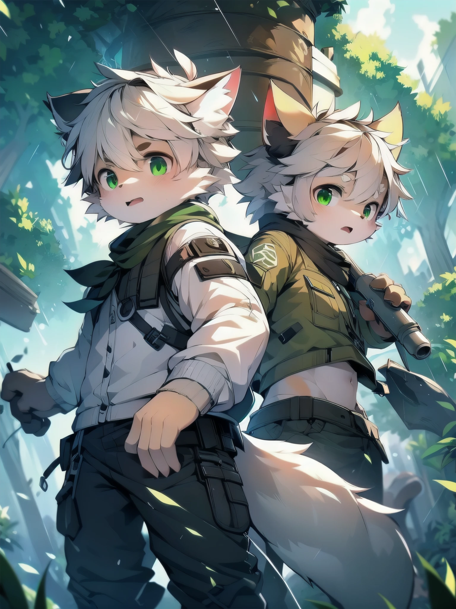 Two anime characters walking through the woods in the rain - SeaArt AI