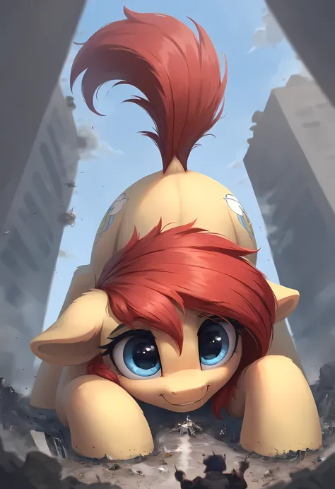 score_9, score_8_up, score_7_up, feral, pony,  pale yellow body, red hair, gradient hair, messy hair, blue eyes, anatomically correct, feral anatomy, good anatomy, (depth of field),  muted colors, extremely high quality RAW photograph, giant pony, macro, v...