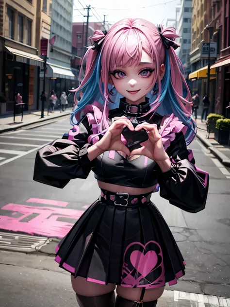 1girl, excited,  heart hands, own hands together, smoky eyes, vivid colors, punk clothing, punk hairstyle, pink hair, black lips...