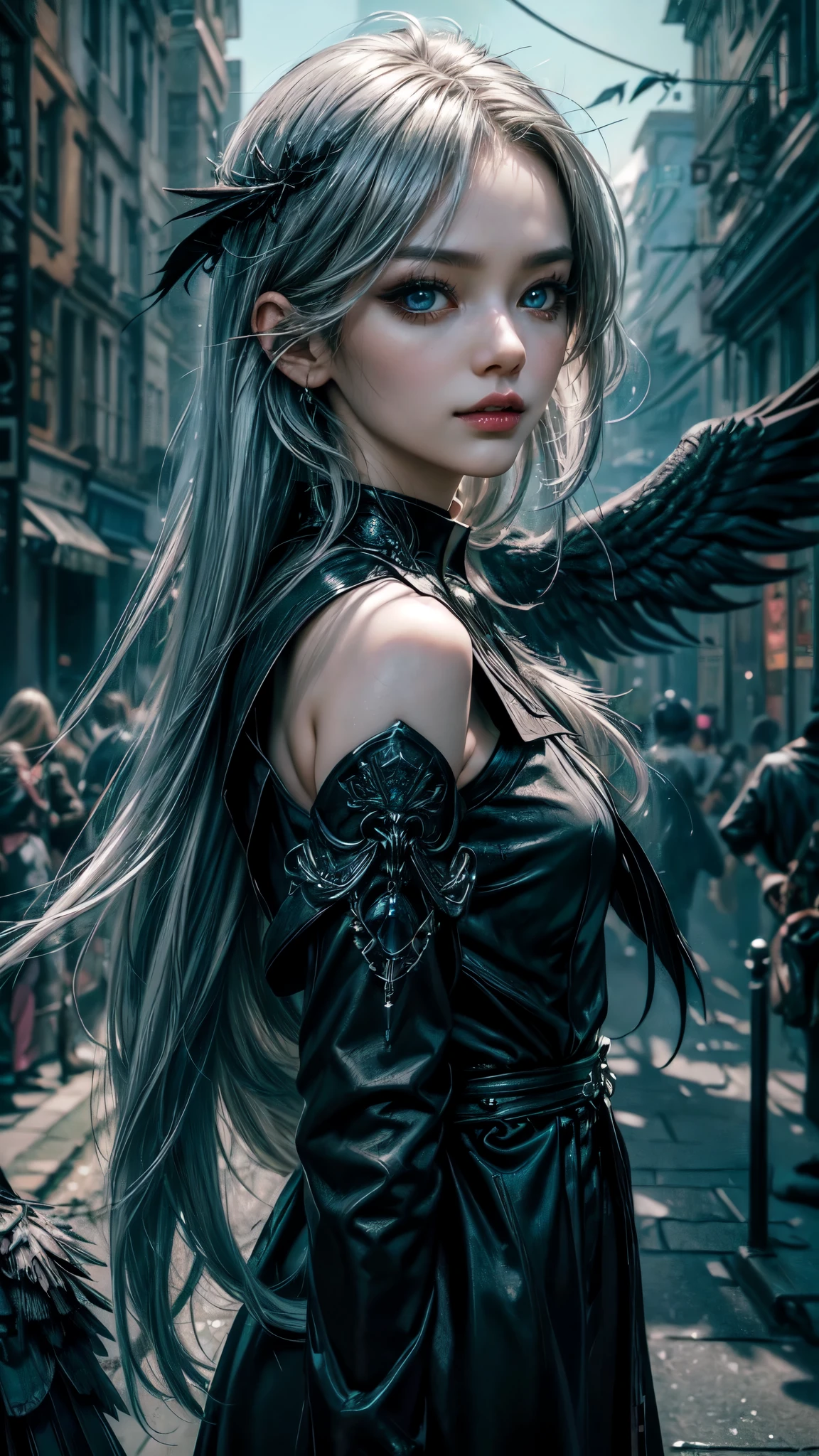 ((4K works))、​masterpiece、（top-quality)、((high-level image quality))、((one beautiful women)),detailed face, detailed eyes, detailed hands,、Slim body、full body, ((Black Y Shirt Fashion))、(Detailed beautiful eyes)、Crow on fantastic city background、Walking in a crowded city、((Face similar to Chaewon in Ruseraphim))、((shoulder-length hair))、((bright silver hair))、((Smaller face))、((Neutral face))、((Light blue eyes))、((Korean Women))、((18year old))、((Wild Lady))、((Wild look))、((Show your fangs and laugh))、((Korean makeup with black eyeshadow))、((elongated and sharp eyes))、((Shot alone))、((Fallen Angel))、((Fallen Angel Woman))、Photos of fallen angels、Villain、((amazing photo))、Photographed so that the whole body can be seen、horor、((There is a crow on the right shoulder))、Dark Proof、((Shot diagonally from the side))、Professional Photos