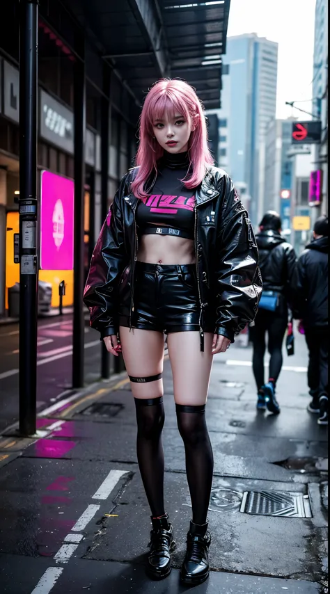 Anime girl posing on the street，pink long hair，vein punk style，cyberpunk streetwear，女性cyberpunk anime girl，cyberpunk anime girl，...