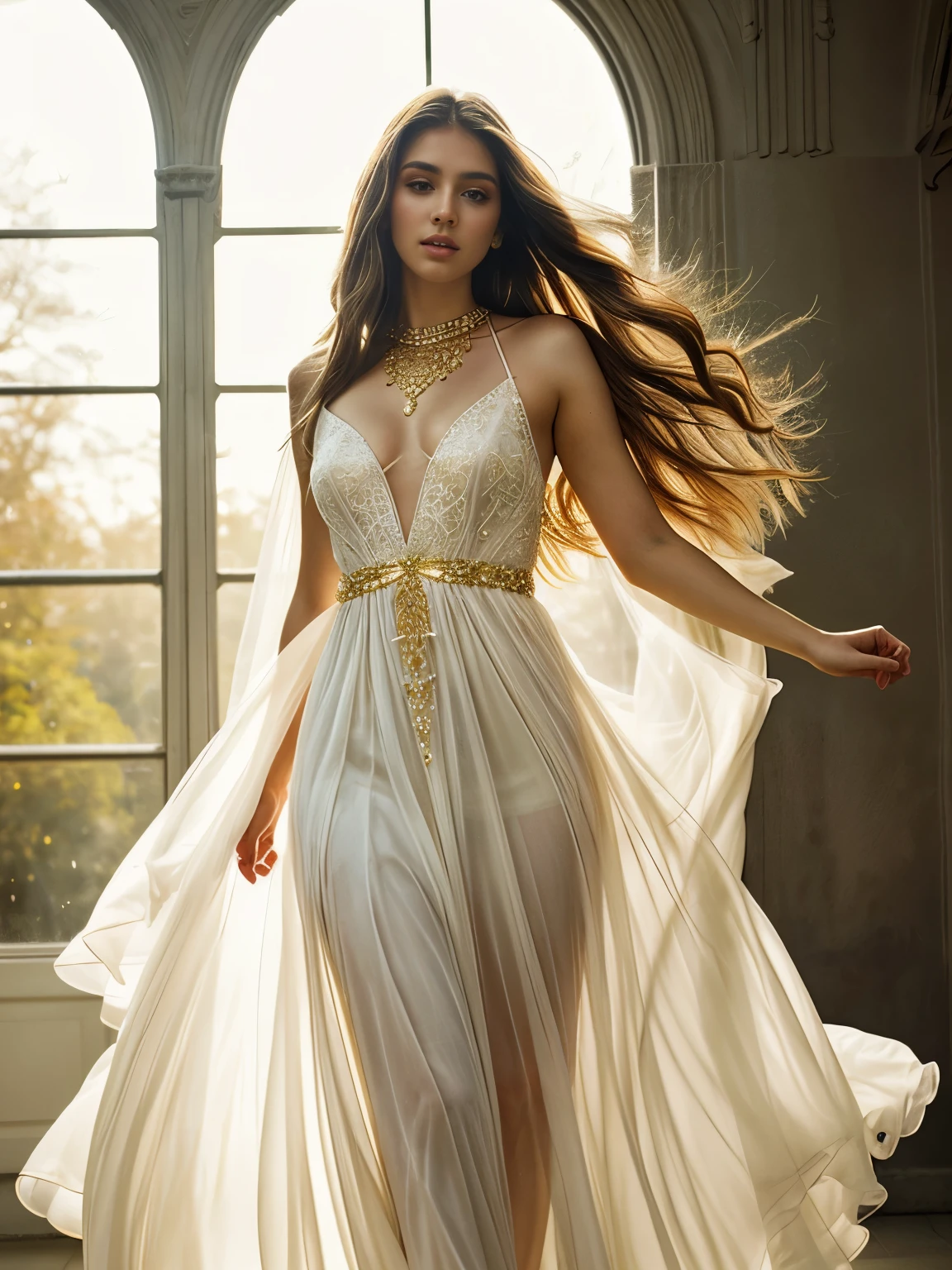 Ethereal high fashion portrait, ((full body portrait)), ethereal glowing model walking, beautiful eyes and face, detailed skin, Angelic gold and white dress, floating chiffon, delicate lace details, soft focus, dreamy, golden hour lighting, wind-blown hair, Indian hair_jewellery, gemstones, subtle lens flare, mesmerizing gaze, minimalist background, window, understated elegance