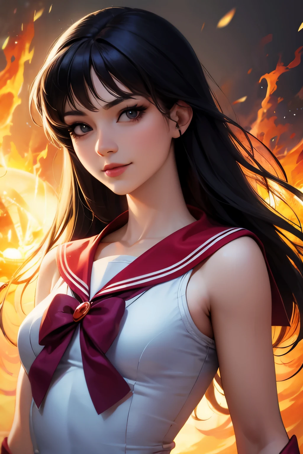 (4k,8k,best quality, masterpiece:1.2), ultra-detailed, realistic, perfect face, perfect nose, detailed hair, detailed eyes, detailed lips, (((short medium shot))), realistic colors, studio lightning, small mouth, looking at viewer, smile, confident pose, sailor_mars, EPsmSailorMars, looking at viewer, small breasts, pyrokinesis, 16s