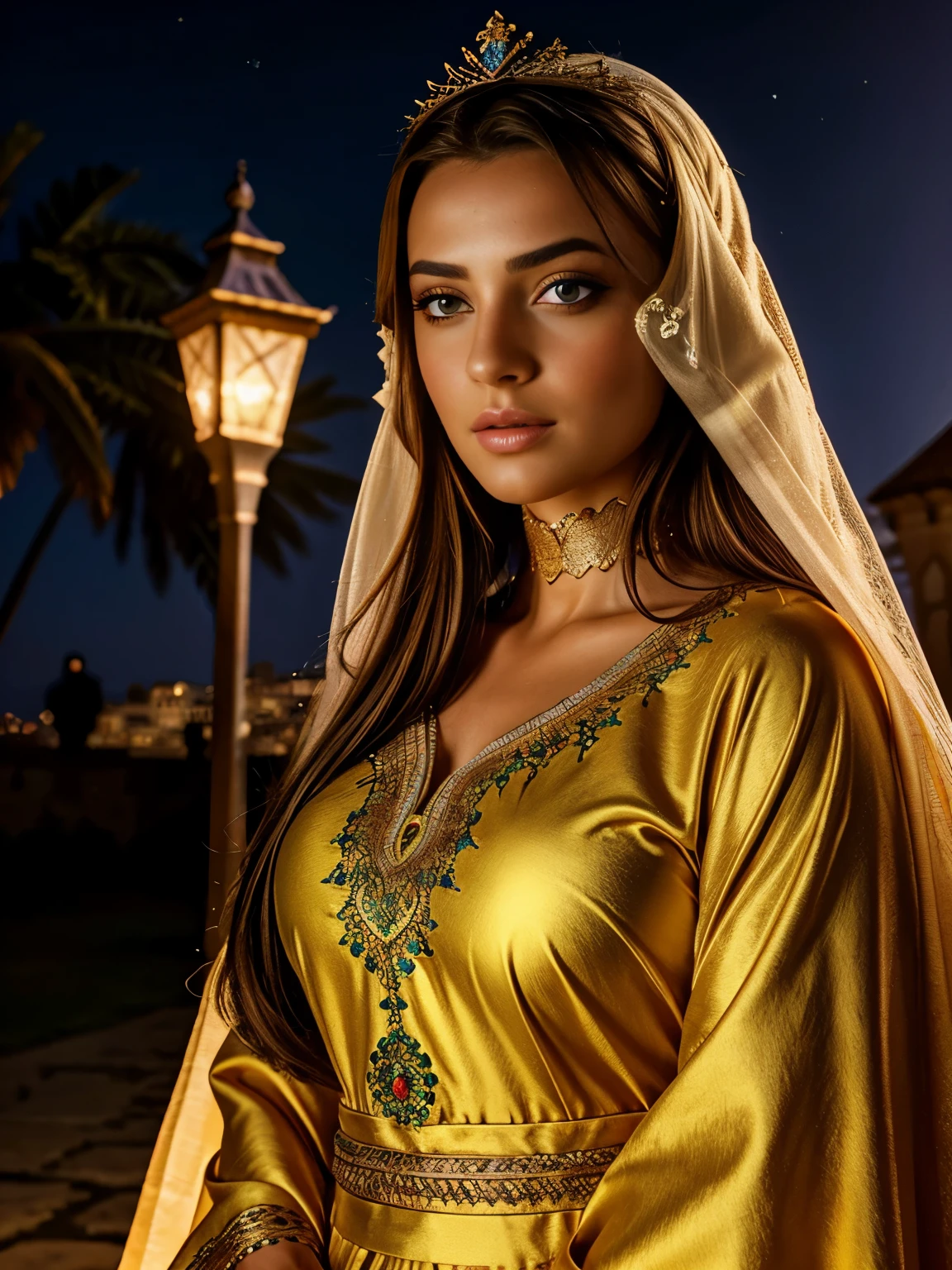 Very Beautiful européenne Princesse glowing crystal eyes hyper realistic super detailed Dynamic shot master piece Full outfit caftan marocain couvre