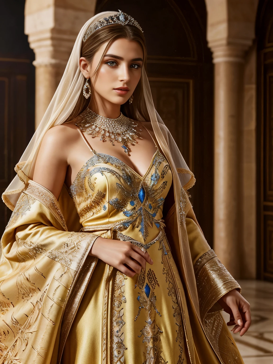 Very Beautiful européenne Princesse glowing crystal eyes hyper realistic super detailed Dynamic shot master piece Full outfit caftan marocain couvre