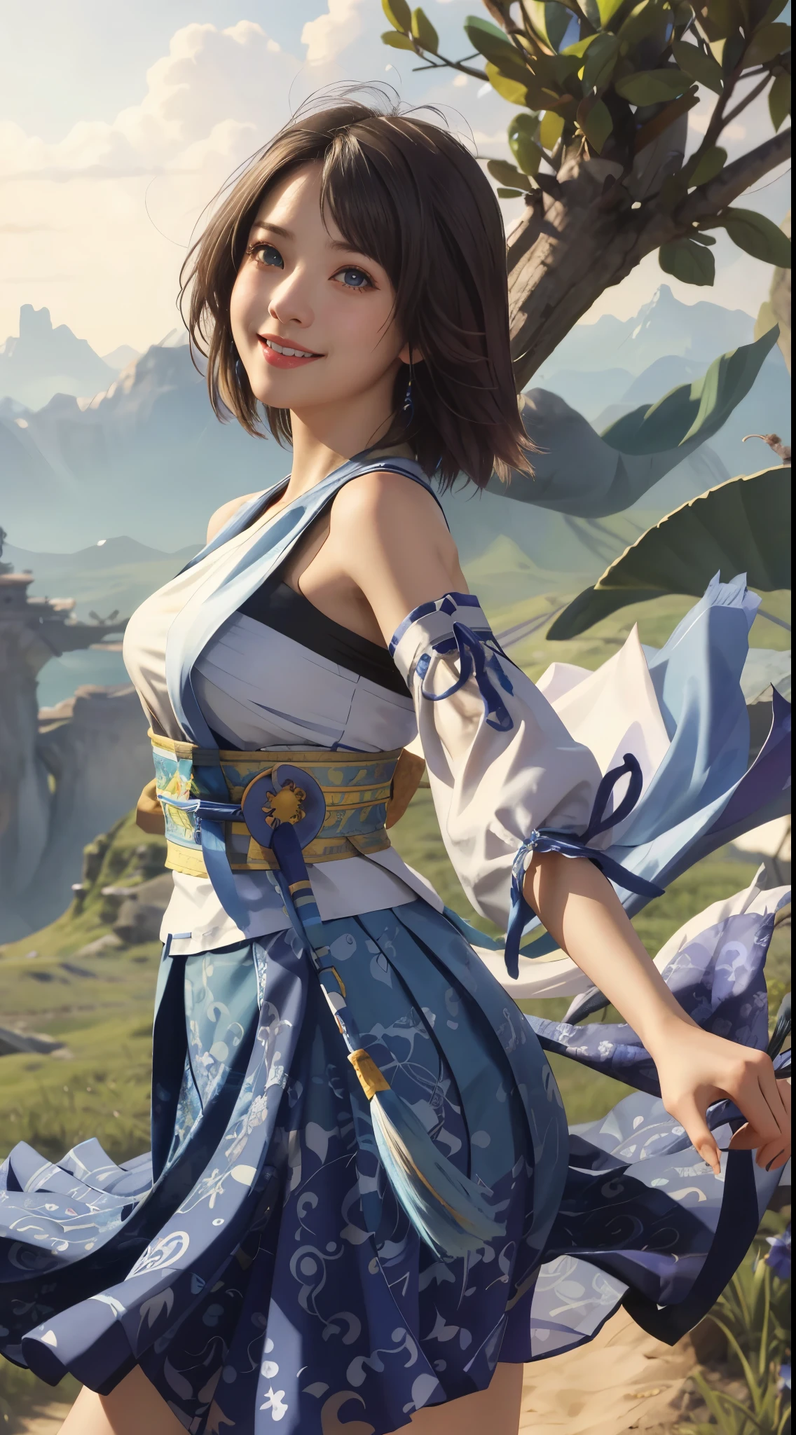 masterpiece, highest quality, absurd, perfect anatomy, 1 girl, alone, Yuna FFX, heterochromia iris, short hair, yuna costume, hair ornaments, removed sleeve, in the same way, sash, same as skirt, long skirt, cowboy shot, smile,