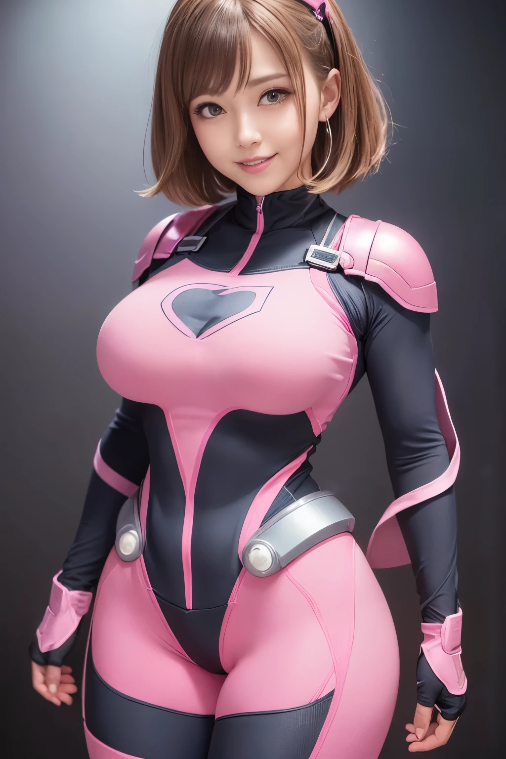(highest quality ,High resolution,masterpiece:1.2), super detailed, realistic:1.37, (perfect anatomy), full body portrait,1 cowboy shot,1 girl ,Cute and perfect beautiful Japanese female idol, 25 years old,super cute face,Uraraka Ochako,(Transformed into a cute super heroine:1.2),beautiful eyes, beautiful skin, detailed facial features, glamorous body,healthy,,(A big smile), big breasts,big ass, (Tight pink and gray full body spandex heroine suit:1.2),blue heroine boots,pink short bob hair, Cybernetik,cyber punk,heroine makeup,