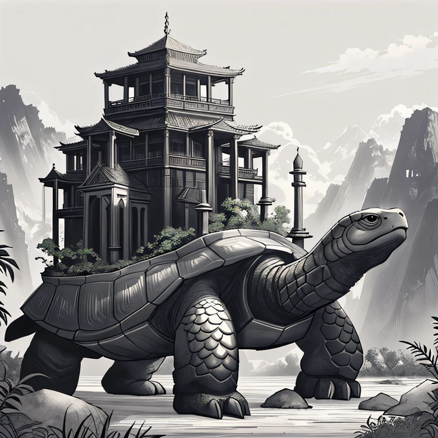 Masterpiece, Best Quality, Ultra-Detailed, Lineart of a turtle carrying an ancient city on its back, sketch style, black and white, fantasy illustration, Highly detailed fantasy, Fantasy architecture, floatingpalace,