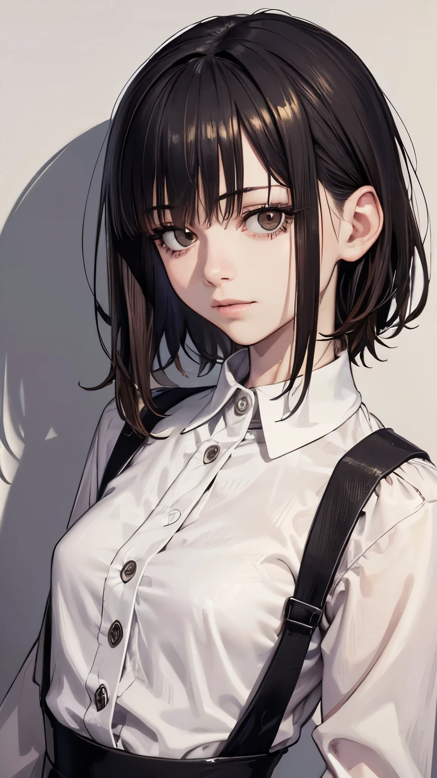 ((masterpiece, highest quality)), (1 girl), (alone), (female focus), night (chainsaw man),(highly detailed face, real image, realistic white skin, realistic body, intricate details), Upper body, Severe , brown eyes, looking at the viewer, bandage over the body, black hair, Long-sleeved shirt, pinafore dress, black tie, bandage, bandage, small breasts