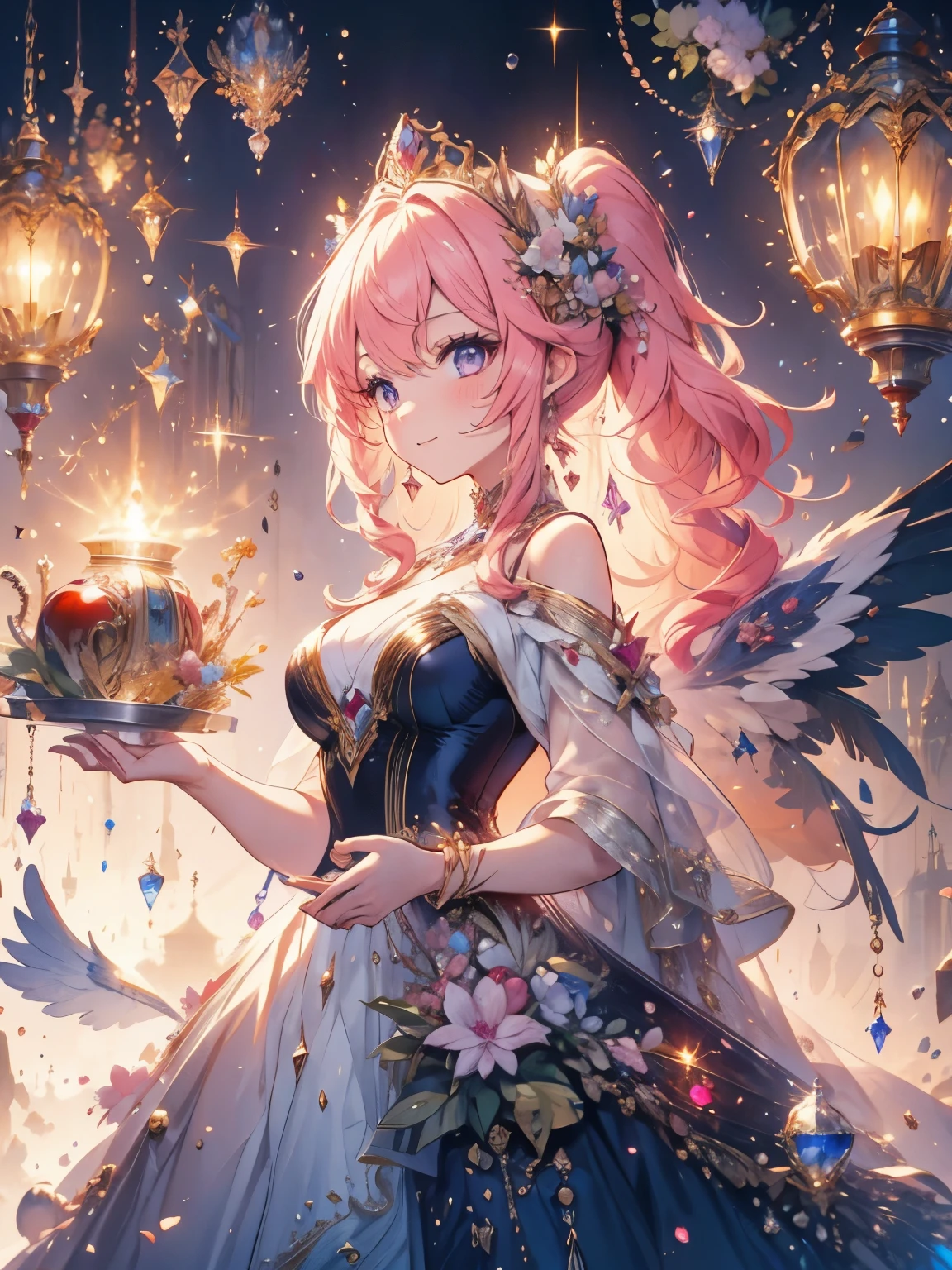 (masterpiece, very detailed, exquisite, beautiful, Full HD, High resolution, confused), soft edge, soft lines, woman, charming princess, goblin, Happy, fun, smile, looking at the viewer, wavy hair, medium hair, Big eyes, white skin, beautiful breasts, slim, crown, earrings, choker, with wings, white background, in the afternoon, from before, dynamic angle, dazzling light, dramatic lighting, warm lighting, soft lighting, written boundary depth, fantasy, beautiful, dreamy atmosphere, (red ball gown dress:1.1, gold decoration,black lace and ruffles,ruby motif dress), pink hair, purple eyes