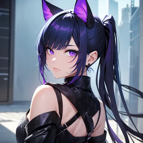 girl with pointy ears, dark colored hair between blue, purple or black, four cat eyes, black bone tails with a stinger tip
