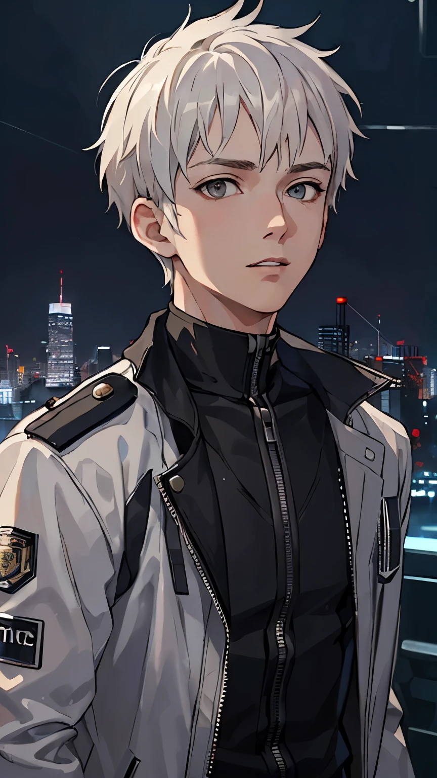 (masterpiece), best quality, high quality, 1boy, beautiful face, handsome, platinum blonde hair, short hair, straight hair, gray eyes, upper body, city background, looking straight, 18 years old boy, cyberpunk, police uniform,