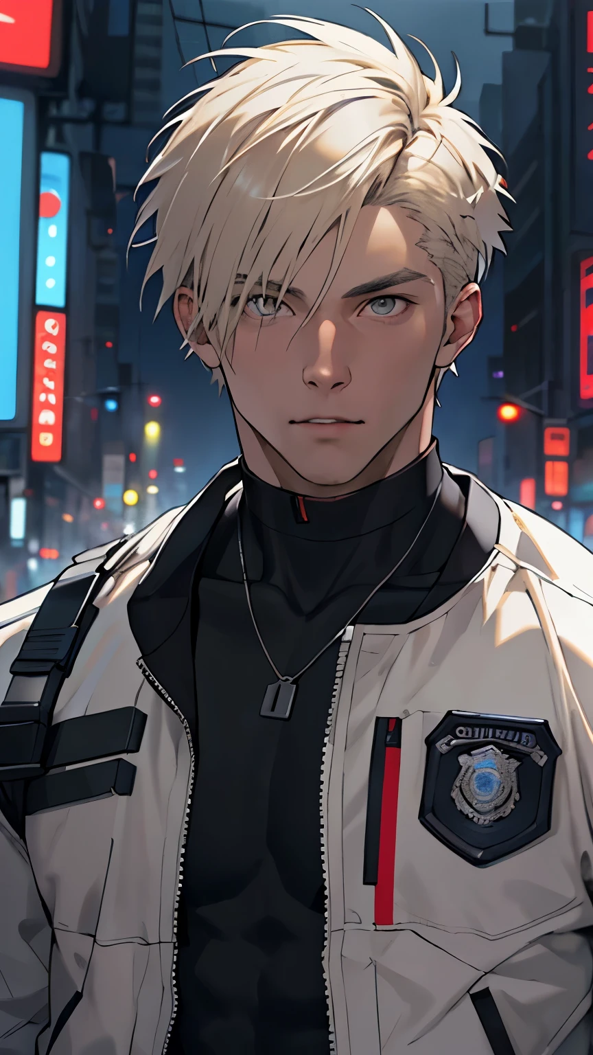 (masterpiece), best quality, high quality, 1boy, beautiful face, handsome, platinum blonde hair, short hair, straight hair, gray eyes, upper body, city background, looking straight, 18 years old, cyberpunk, police clothes, strong body,