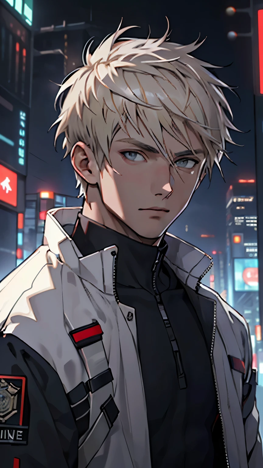 (masterpiece), best quality, high quality, 1boy, beautiful face, handsome, platinum blonde hair, short hair, straight hair, gray eyes, upper body, city background, looking straight, 18 years old boy, cyberpunk, police clothes,