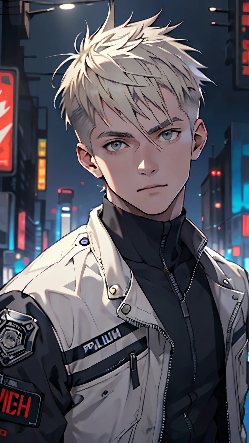 (masterpiece), best quality, high quality, 1boy, beautiful face, handsome, platinum blonde hair, short hair, straight hair, gray eyes, upper body, city background, looking straight, 18 years old boy, cyberpunk, police uniform,