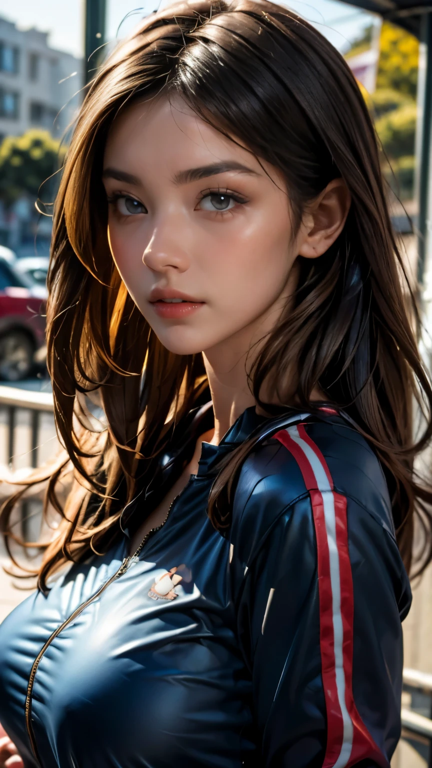 (((HD photo))), ultra high res.photorealistic:. 1.4, UHD, masterpiece, trending on artstation, portrait, upper body shot, 1girl, pretty, cute face, detailed face, most beautiful in the world, soft, delicate, (long red hair), large sagging breasts (wearing racing jacket), sunkissed, San Francisco bay, SFW:2