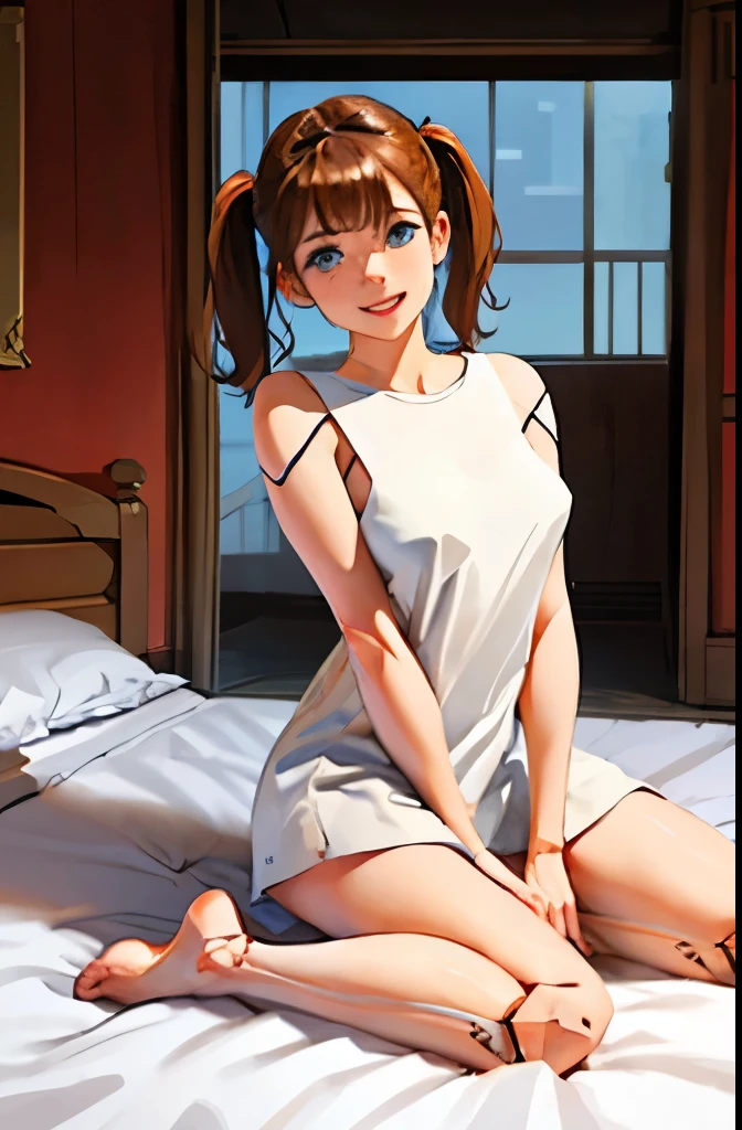 A Female robot wears white plain dress. She is laughing happily in bed room, spread legs, nude, banzai pose,  Brown short hair is tied with two big red clothespins, She lifts up the under hem of her white plain dress, leaning over, masterpiece, very short pigtails,brown hair, mature, android, blue eyes, full body figure, Height: 160cm, flushed cheeks, 2020s anime picture, she is loved in missionary angle, A beautiful robot with short brown hair in two short pigtails held up by two very large huge red clothespins, Uplifting, No NSFW, whole body, barefoot, archaic smile, getting orgasm, 25 years old, sweat bucket,  She is half sitting posture or crouching position.