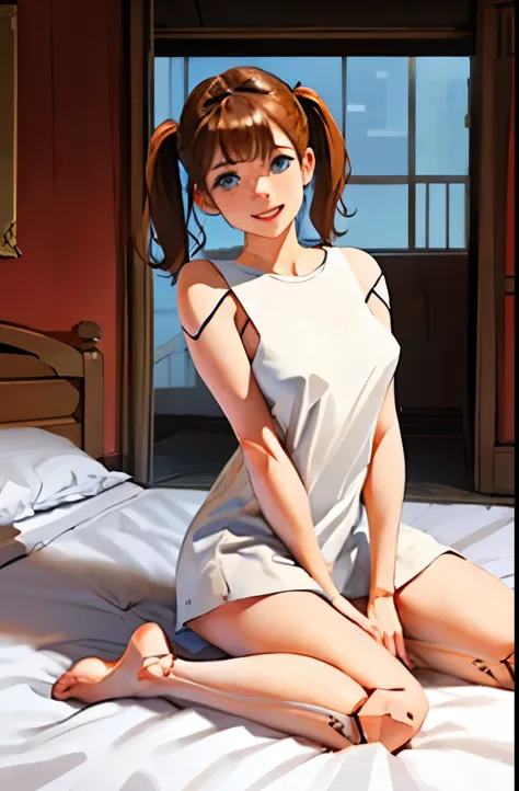 A Female robot wears white plain dress. She is laughing happily in bed room, spread legs, nude, banzai pose,  Brown short hair i...