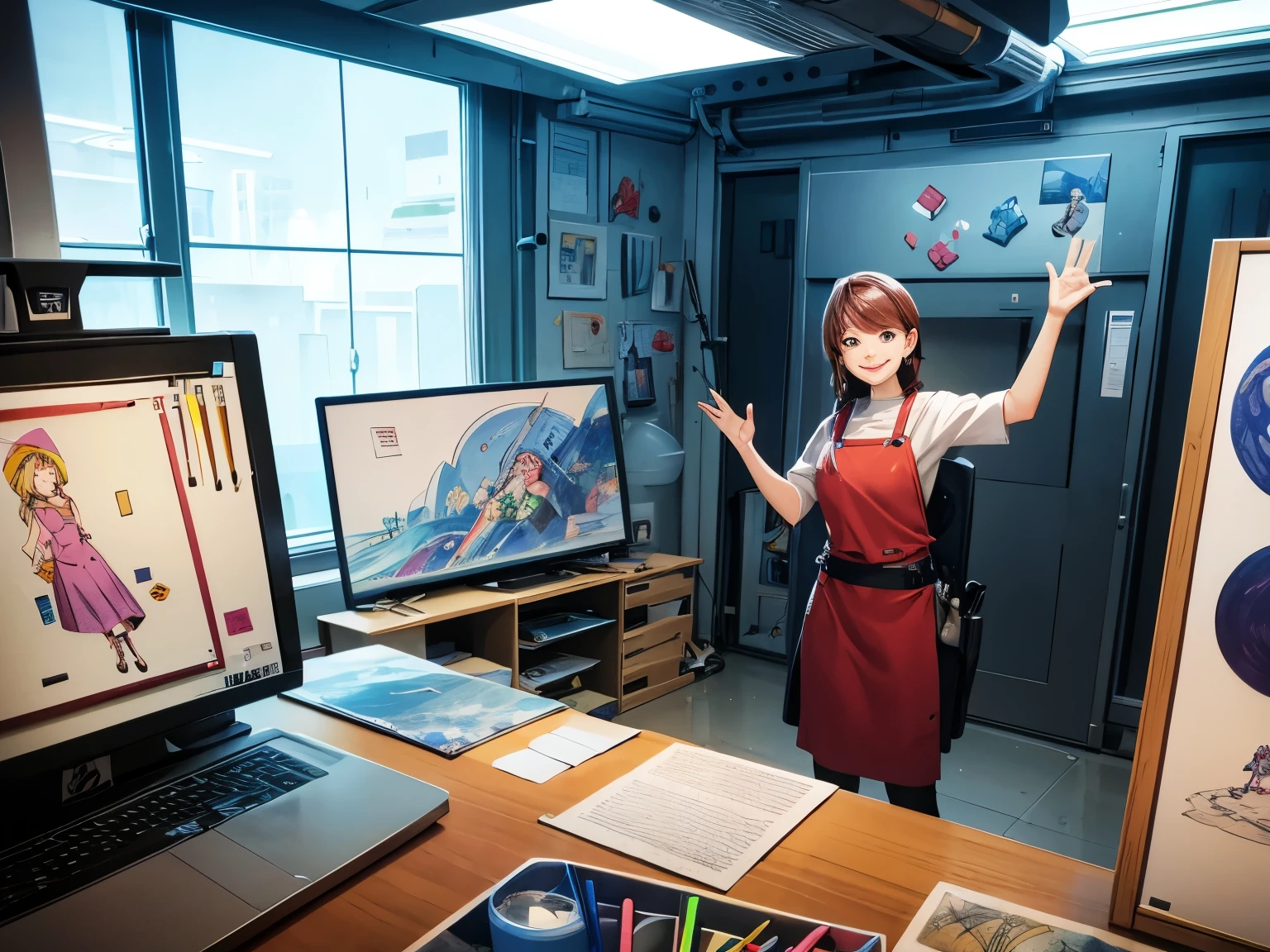  futuristic art studio, artists drawing, one artist waving hello smiling, artists at work