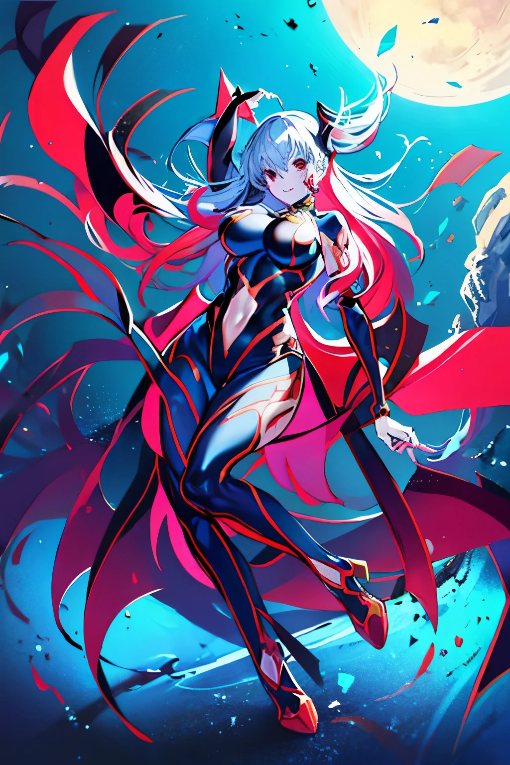 Draw the face carefully　15 year old girl　Anime style high quality face　blonde　shiny black full body suit　black high heels　There are red lines all over the body　attraction　laughter　Morrigan Aensland