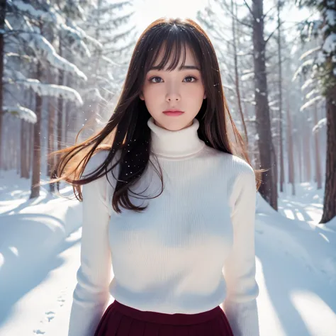 (table top、highest quality、8k、Award-winning work、ultra high resolution)、one beautiful woman、(Perfect burgundy turtleneck long sl...