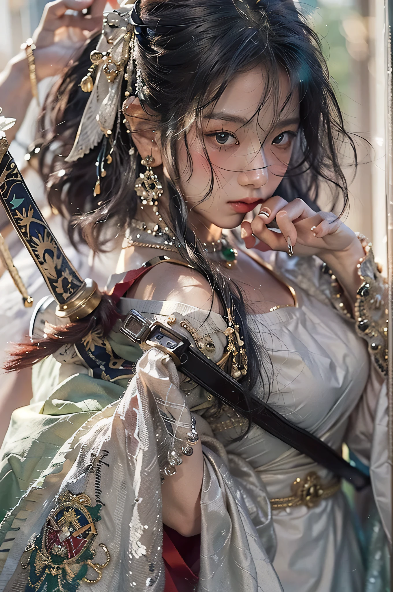 (highest image quality), (masterpiece), (vibrant, photography realistic, Realistic, Dramatic, Dark, Sharp focus, 8K), beautiful, Highly detailed face and skin texture, sexy wedding dress, ethereal beauty, mature asian woman,black long hair, make up, nsfw ,Close up shot, ((backlight)), holding sword, samurai wedding