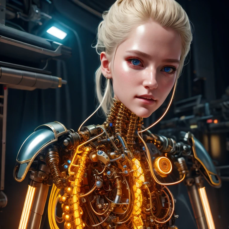 1 mechanical girl, ((super realistic details)), portrait, global illumination, shadows, octane rendering, 8k, super sharp, metallic, complex, ornamental detailed, cool color, highly complex details, realistic light, CGsociety trend, glowing eyes, facing camera, neon detail, mechanical limbs, blood vessels attached to tubes, mechanical vertebrae attached to the back, mechanical cervical vertebrae attached to the neck 