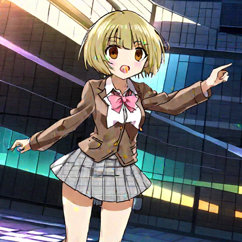 (masterpiece, best quality:1.2), 1girl, dynamic pose,girl  run,girl  stand,girl  sit, girl dance, long hands, The pose of surprise, anime girl concept art, hands, fingers, (short hair)+brown eyes, (dark brown jacket), white collar, ((short grey plaid skirt)), pink bow ,dynamic pose, Gold buttons, pockets on the sides of the jacket, (Open mouth: 0.4), Long bare legs, grey stockings, brown shoes, (bob haircut), straight haircut, Wrinkled skirt, irregularities on the skirt, curved lines on the skirt, wrinkled fabric, fabric defects, voluminous clothing, 3D, Anime, Anime art, artistic rendering, strokes, screenshot from anime, anime style, dynamic light, glow, graphic effects