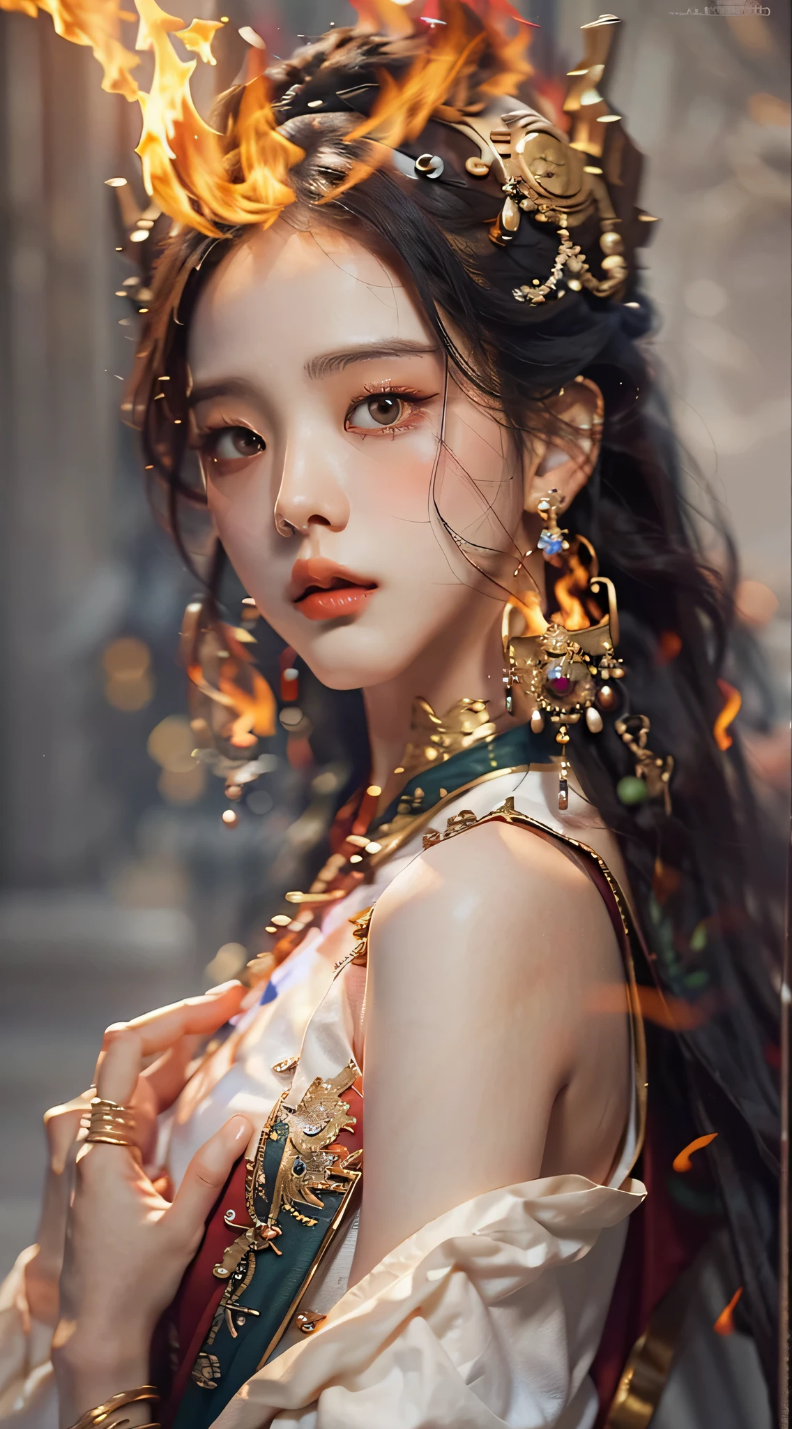 Best quality,masterpiece,ultra high res,(photorealistic:1.4)1girl,beautiful_face,detailed skin,full body,yuhuoshu,jewelry,solo,earrings,(fire:1.3),blurry,realistic,lips,