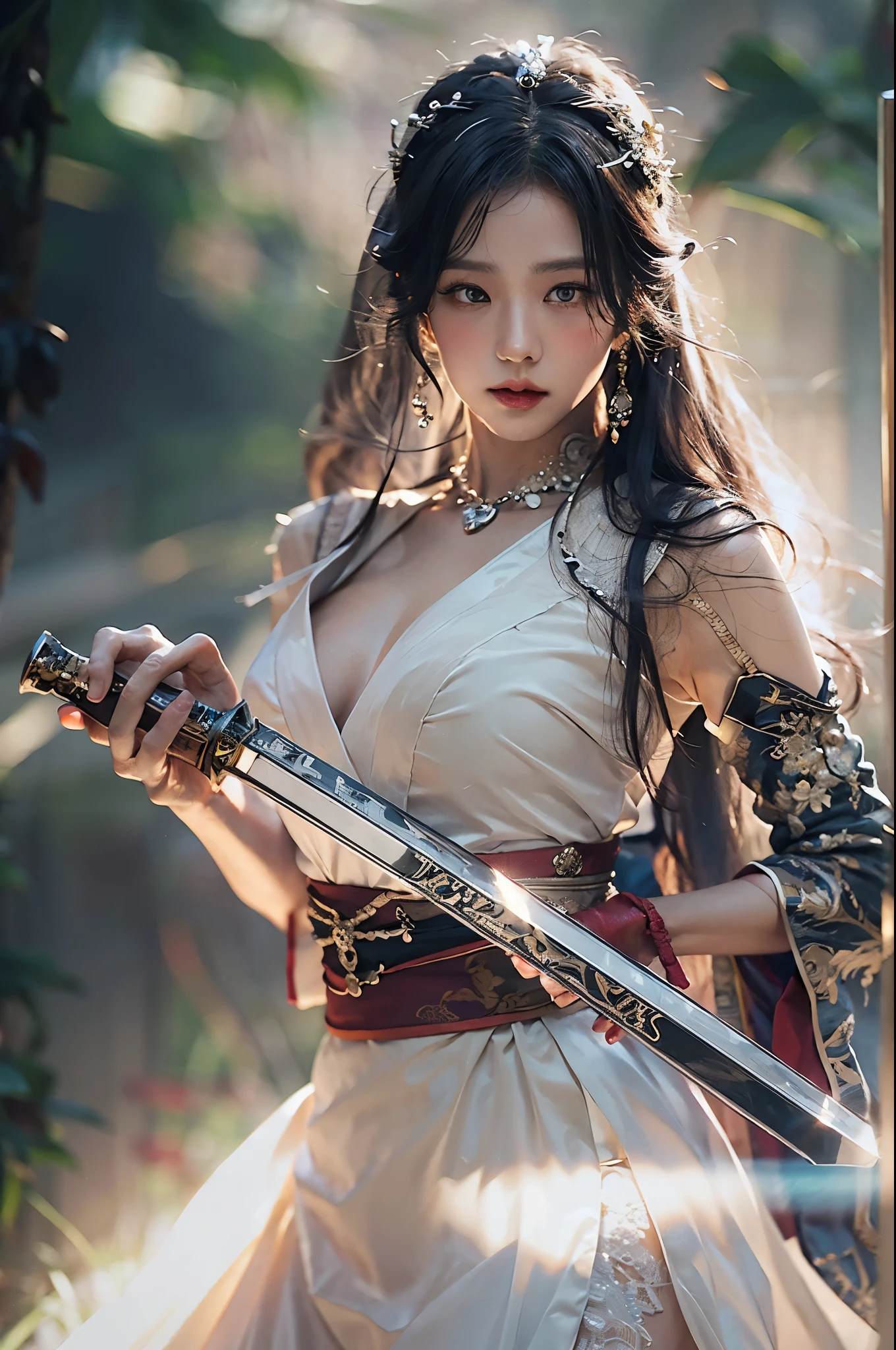 (highest image quality), (masterpiece), (vibrant, photography realistic, Realistic, Dramatic, Dark, Sharp focus, 8K), beautiful, Highly detailed face and skin texture, sexy wedding dress, ethereal beauty, mature asian woman,black long hair, make up, nsfw ,Close up shot, ((backlight)), holding sword, samurai wedding