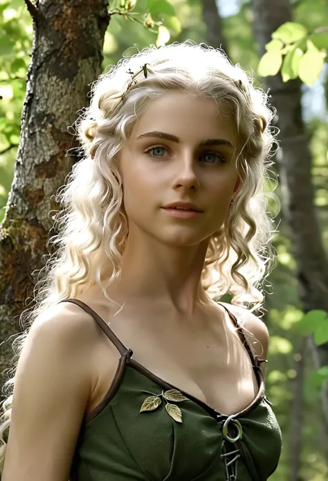 (Realistic:1.4), 18 years old elf archer in the forest, pale curly disheveled hair, delicate features of a thin face, cute sexy,...