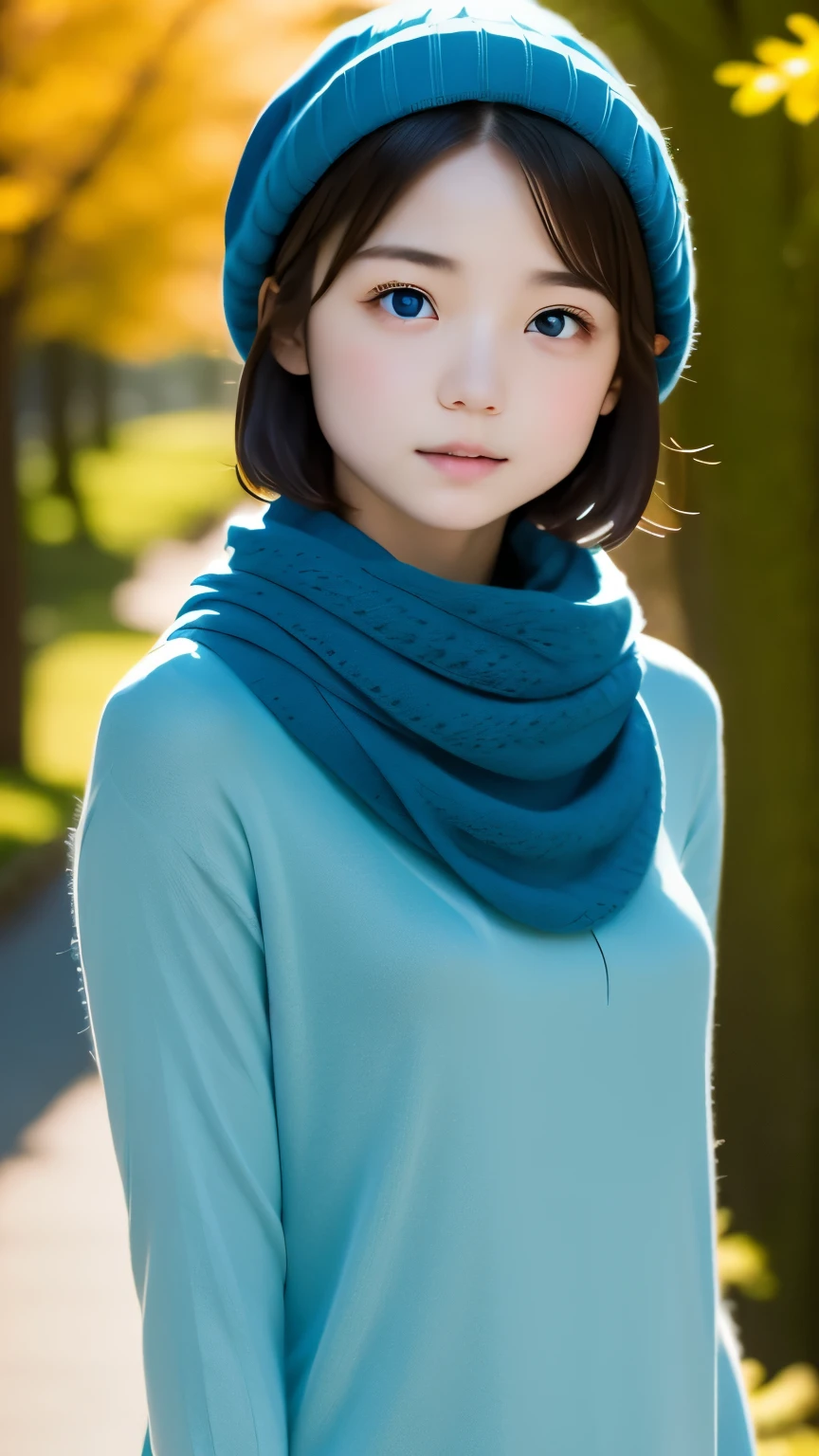 table top:1.2, high quality, 最high quality, High resolution, surreal, with a girl, short bob，hair is dirty, light gray eyes,infinitely clear eyes，16 years old，high neck inner，red knit hat，Scarf，Are standing，head tilt, sunset, outdoors，autumn park:1.5，blurred background, portrait,natural look, (詳細なface), ((sharp focus)), ((face)), Upper body_body