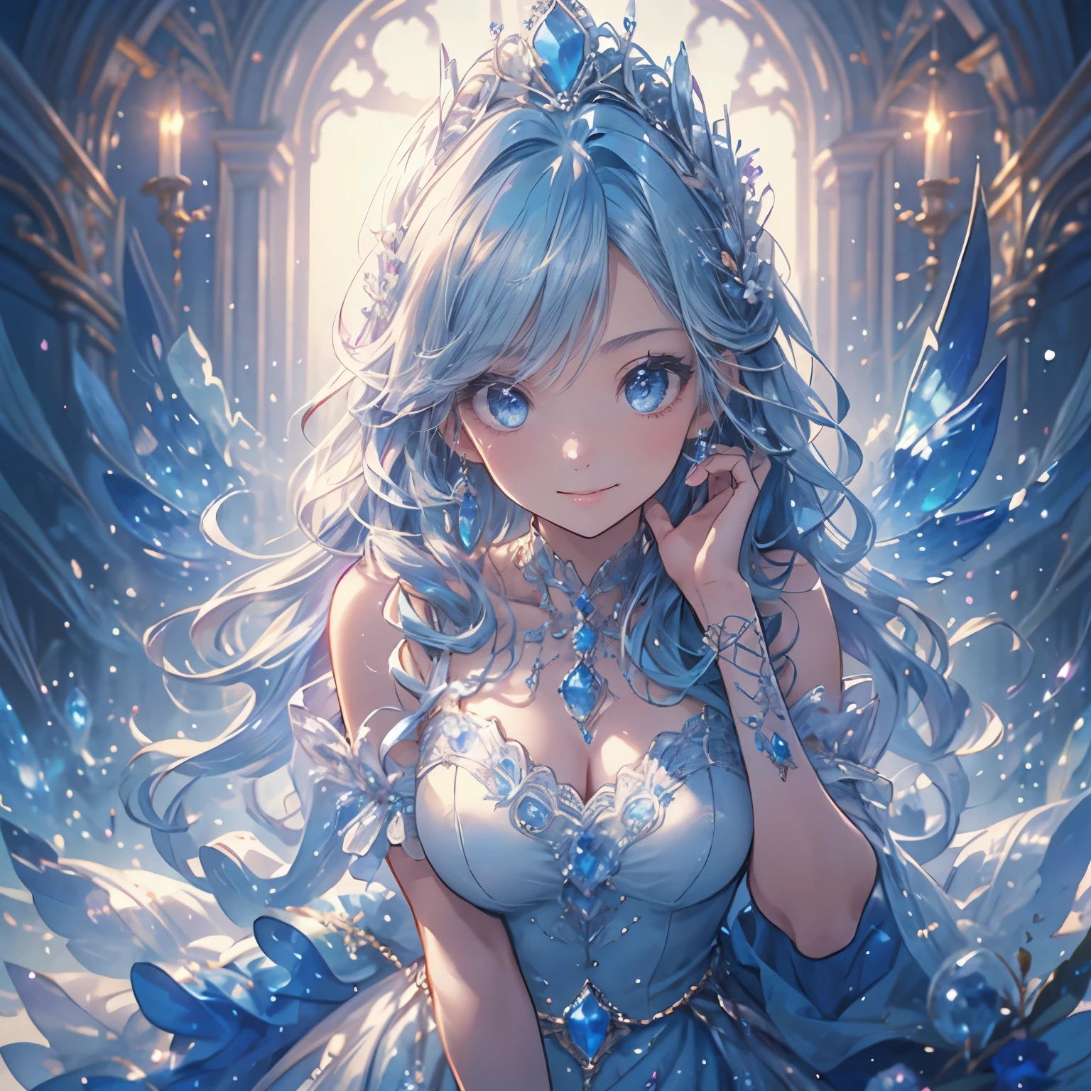 (masterpiece, very detailed, exquisite, beautiful, Full HD, High resolution, confused), soft edge, soft lines, woman, charming princess, goblin, Happy, fun, smile, looking at the viewer, wavy hair, medium hair, Big eyes, white skin, beautiful breasts, slim, sapphire crown, sapphire earrings, sapphire choker, with wings, white background, Objects with a sapphire motif,from before, dynamic angle, dazzling light, dramatic lighting, warm lighting, soft lighting, written boundary depth, fantasy, beautiful, dreamy atmosphere, (white and light blue ball gown dress:1.1, pure white lace and frills,sapphire motif dress), light blue hair, purple eyes