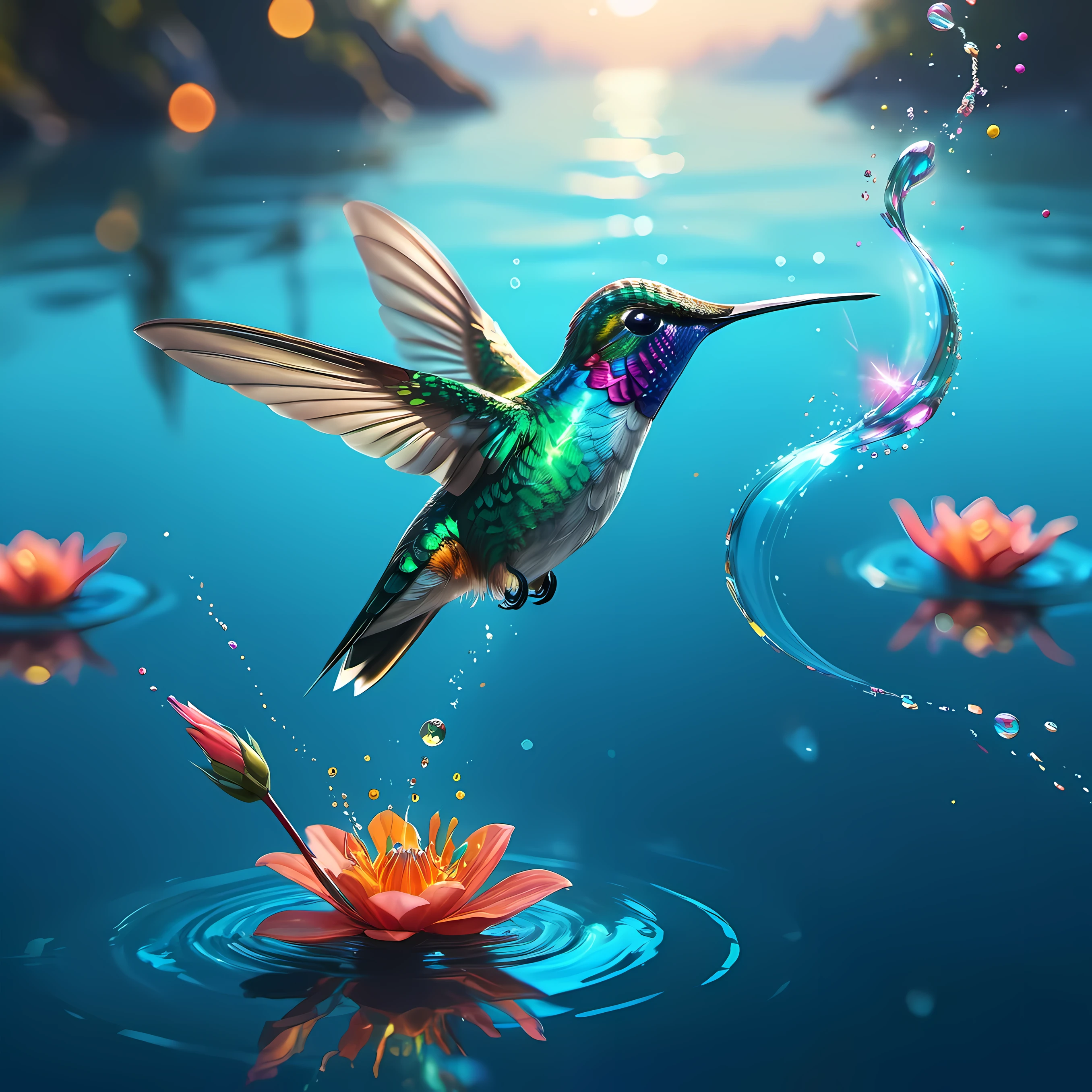Ultra-detailed 4K digital artwork captures the mesmerizing flight of a hummingbird over tranquil blue water, reminiscent of mike winkelmann (Mike Winkelmann) lifelike paintings created (hummingbird) Similar to the vividness of award-winning nature photography. The scene depicts the bird gliding gracefully over the water, Its entire body glows with iridescence, especially its eyes, sparkle like two radiant gems. This epic concept art showcases dynamic bokeh effects, Highlight the mastery of digital painting technology, Similar to Shutterstock Contest Approved Masterpieces.

