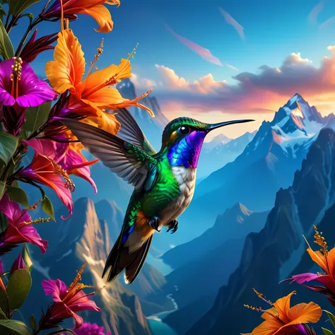 As a colorful hummingbird soars over a majestic mountain，Stunning scenes unfold, Reminiscent of the mythical bird of paradise. I...