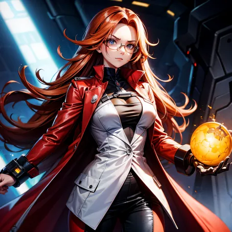 arrogant cyborg mad scientist woman with large heavy dark circles under her eyes, wearing glasses, wearing a striking red scient...