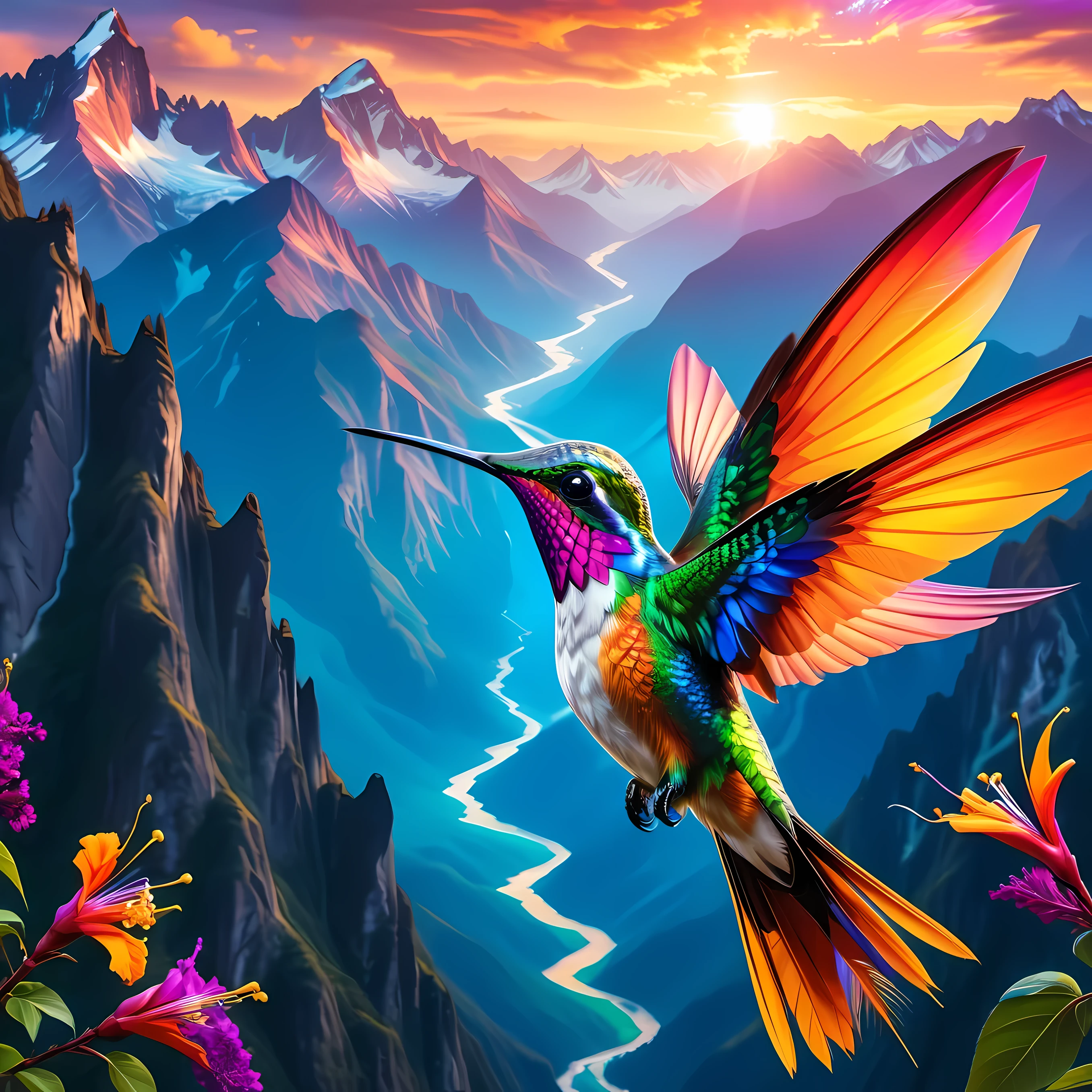 As a colorful hummingbird soars over a majestic mountain，Stunning scenes unfold, Reminiscent of the mythical bird of paradise. Its feathers radiate with vitality, Embodying the essence of Chromatic Radiance’s digital fantasy art style. This artwork, Presented in vivid colors and 4K Ultra HD, Draw inspiration from the airbrushing techniques of Frederick Church, Create mesmerizing and vibrant displays of true color. The scene captures the elusive and mysterious beauty of hummingbirds against a backdrop of towering mountains, Evoke a sense of wonder and awe