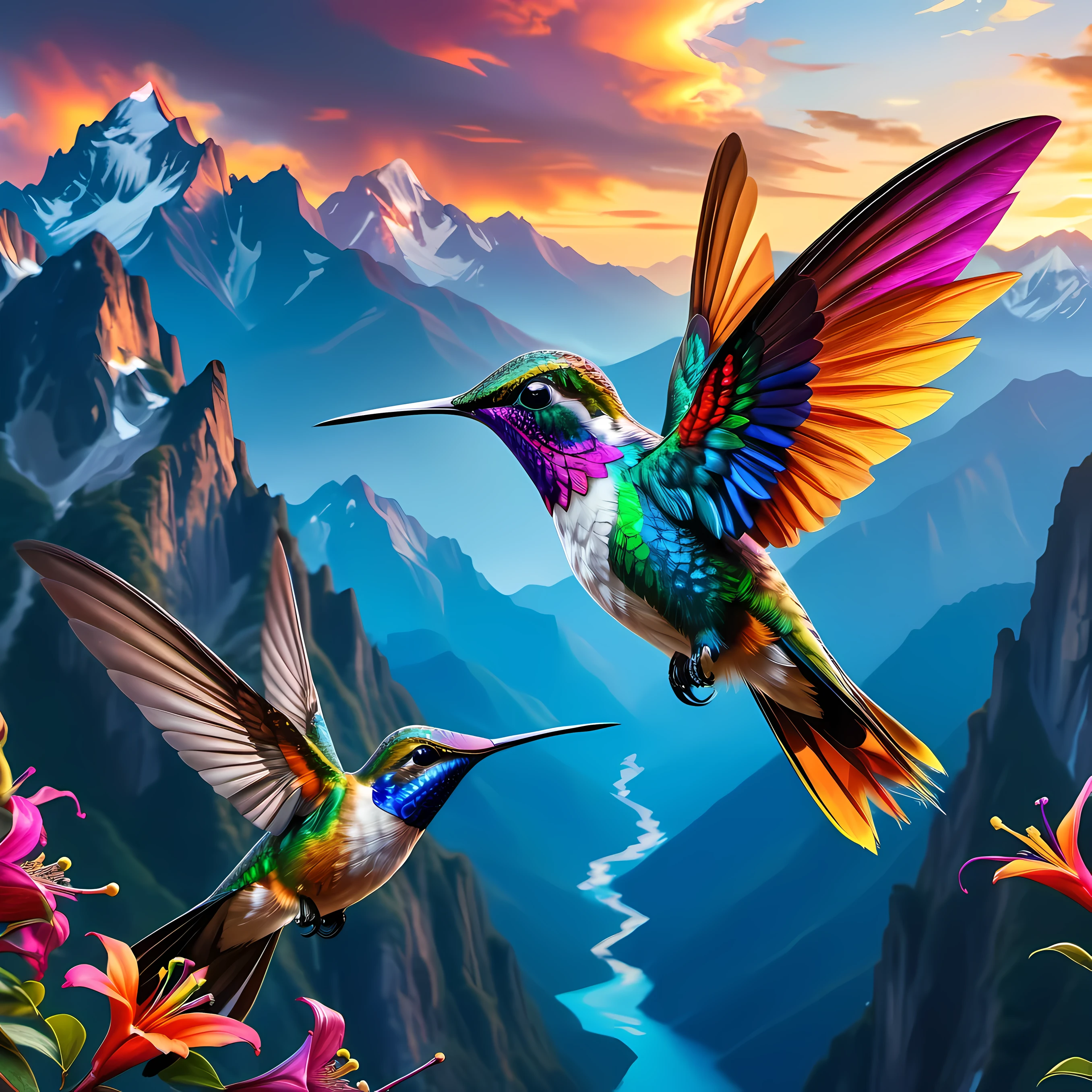 As a colorful hummingbird soars over a majestic mountain，Stunning scenes unfold, Reminiscent of the mythical bird of paradise. Its feathers radiate with vitality, Embodying the essence of Chromatic Radiance’s digital fantasy art style. This artwork, Presented in vivid colors and 4K Ultra HD, Draw inspiration from the airbrushing techniques of Frederick Church, Create mesmerizing and vibrant displays of true color. The scene captures the elusive and mysterious beauty of hummingbirds against a backdrop of towering mountains, Evoke a sense of wonder and awe