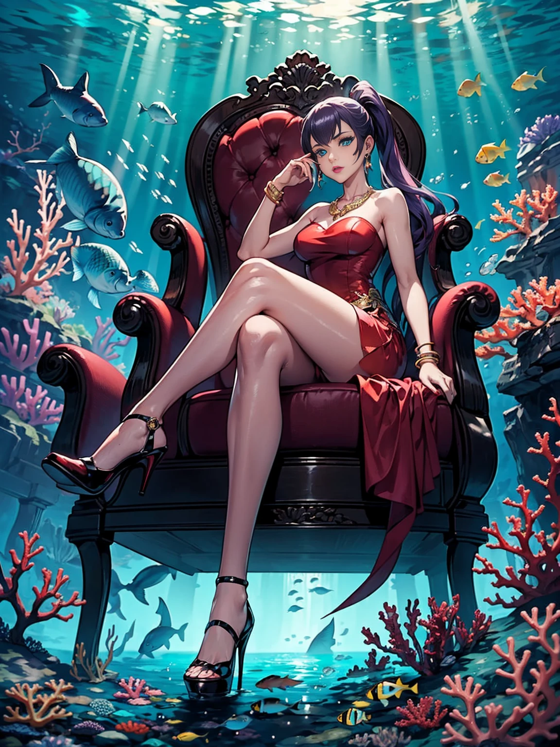 ((1girl, solo ,alone, busujima_saeko, purple hair, ponytail, very long hair)), ((solo, 1woman, pink lipstick, Extremely detailed, ambient soft lighting, 4k, perfect eyes, a perfect face, perfect lighting, a 1girl)), austere, ((sitting on a throne, ((legs crossed, high heels, underwater, submerged in the ocean, deep sea, sea creatures, aqua)), sitting on her throne under; water, sea queen, mu yanling, Krenz Cushart and Artgerm, ((fish, coral)), shark, turtle, algae)), ((long dress, elegant dress , formal dress, red dress, bracelets, ruby earrings, gold necklace, diamond, sovereign))