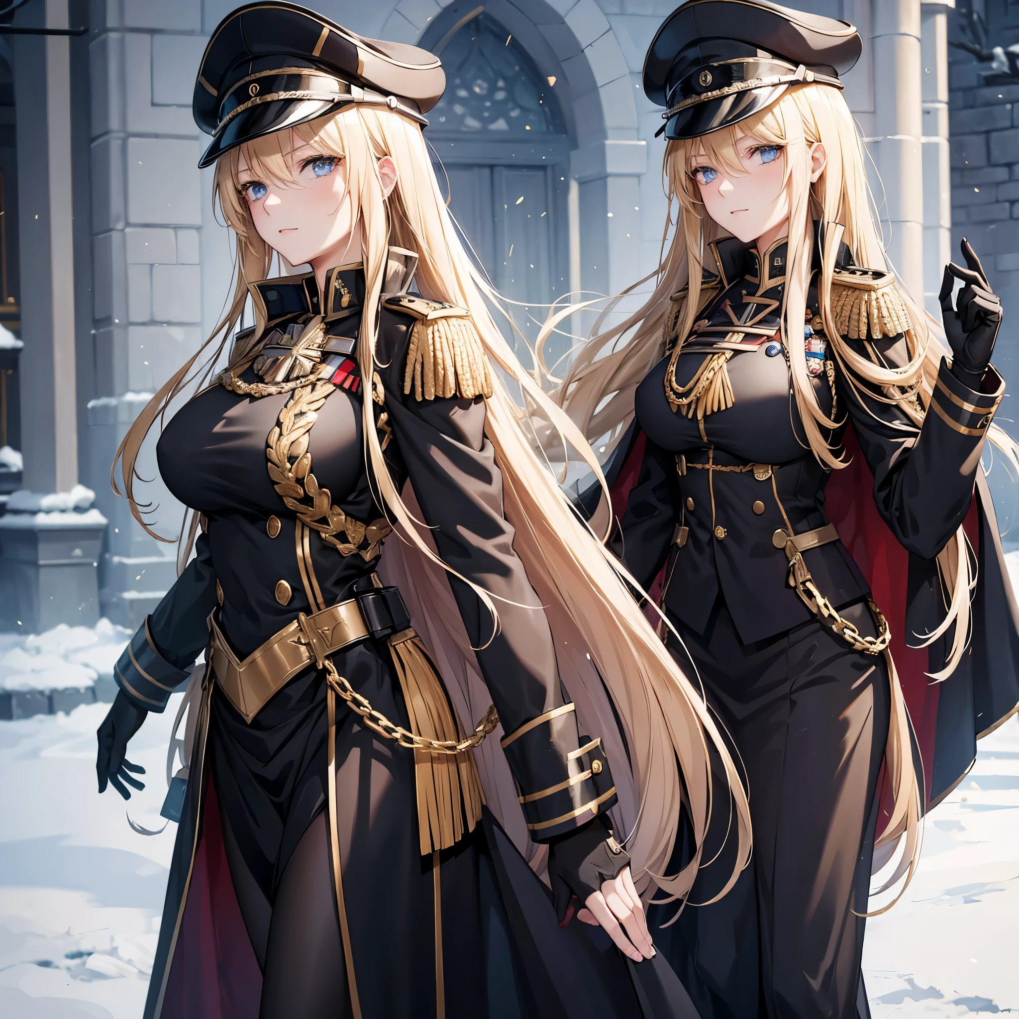 A woman with long blonde hair, blue eyes, wearing a black Prussian uniform with gold details, wearing a black military hat with gold details, a black cape, big breast, outside a large castle.
