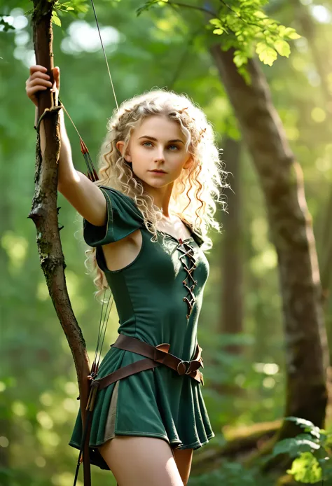 (Realistic:1.4), 18 years old elf archer in the forest, pale curly disheveled hair, delicate features of a thin face, cute sexy,...