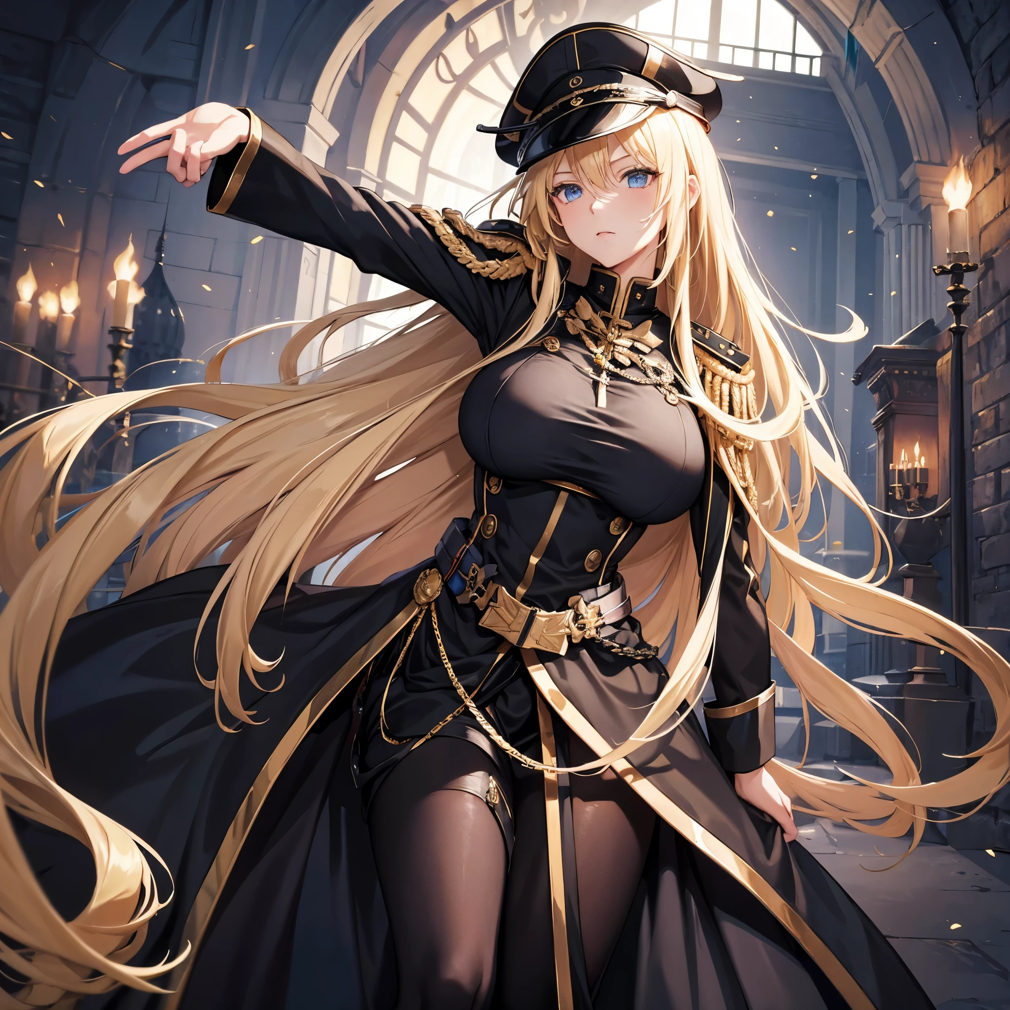 A woman with long blonde hair, blue eyes, wearing a black Prussian uniform with gold details, wearing a black military hat with gold details, a black cape, big breast, outside a large castle.
