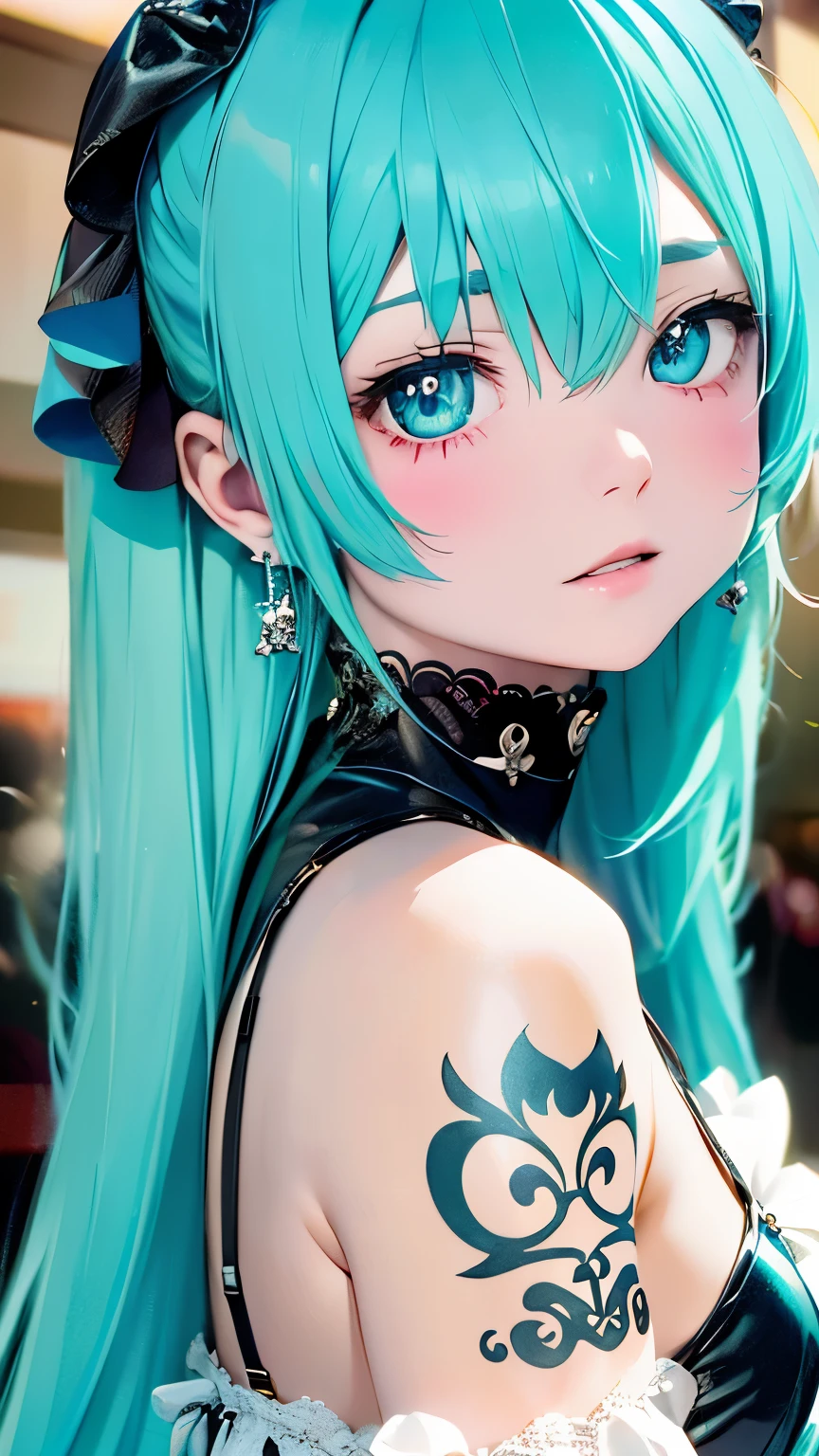 hair ornaments、earrings、tattoo、goth_punk, 1 girl, alone,、highest quality, realistic, Super delicate illustration, beautiful and attractive anime girl, miku hatsune, slender body, tied hair, one girl, girl pictures, full body shot, beautiful blue eyes, looked back,ear nipple rings、hair ornaments、gem、miku hatsune、