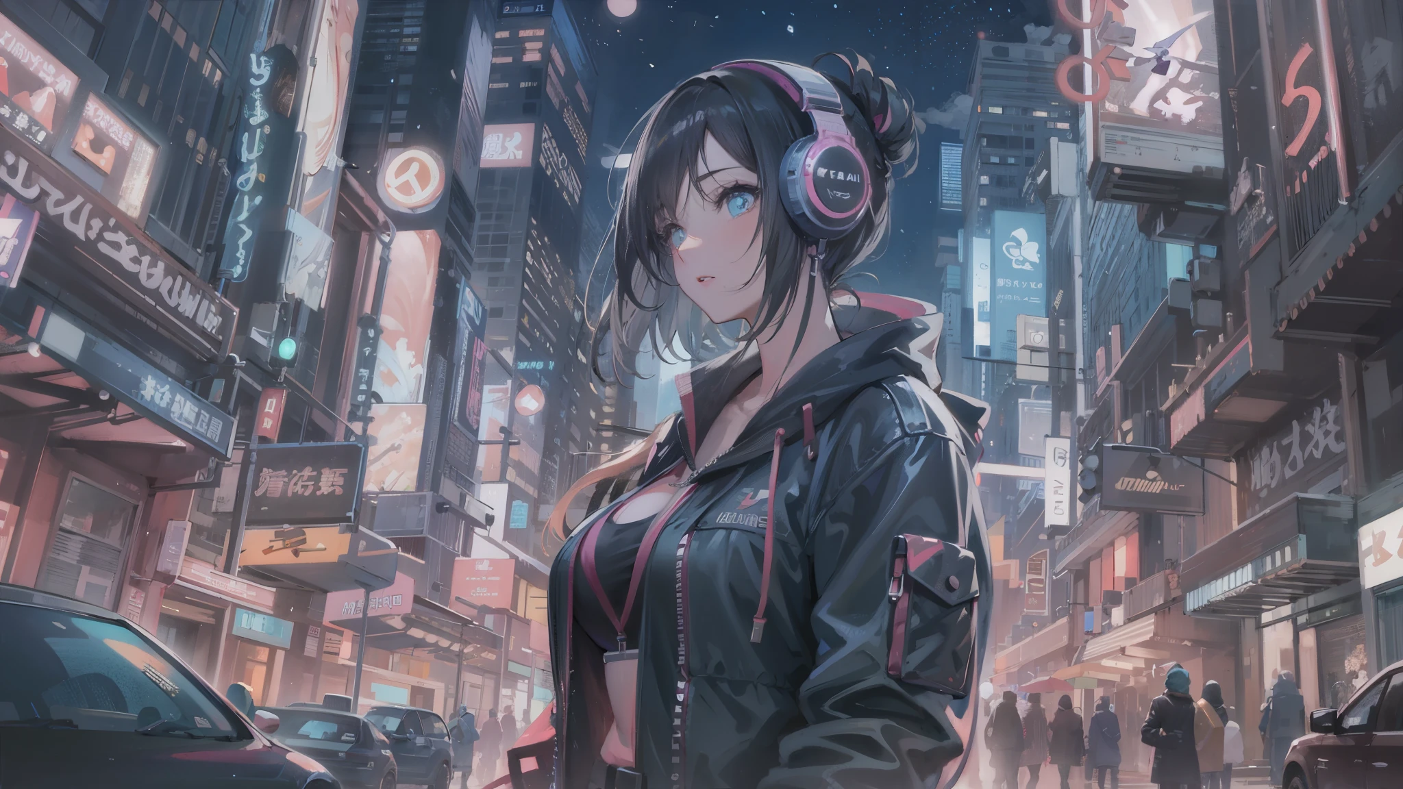 masterpiece,Anime-style illustration showing a young woman in her 20s wearing a futuristic plunging costume, facing right, Standing in the middle of the street in a cyberpunk nightlife district. she has pinkish black hair、wearing headphones. big breasts、She&#39;s still looking up at the starry sky, But her gaze and body are turned to the right side of the frame. The scene should be lively, Reflecting a cyberpunk aesthetic, Neon lights and futuristic buildings surround her. The hustle and bustle of the city continues, But she&#39;s at peace in the chaos, Immerse yourself in the sights and sounds of the night. In the image、The quiet sky above and the vibrant urban environment must be captured。, highlight her new direction.
