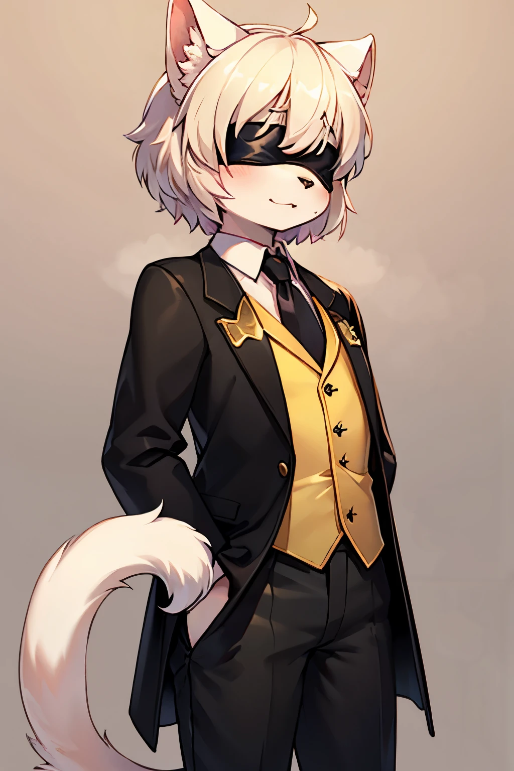 solo, 1girl, no eyes, short white fluffy hair kept up by a black blindfold, white rikkor ears, black blindfold covering eyes and forehead, dark purple tuxedo coat with golden patterns on the left side of it, white cat tail, detailed clothing, rich color palette with deep purples and golden hues, shining golden patterns on the left side of the tuxedo coat, black undershirt, black pants